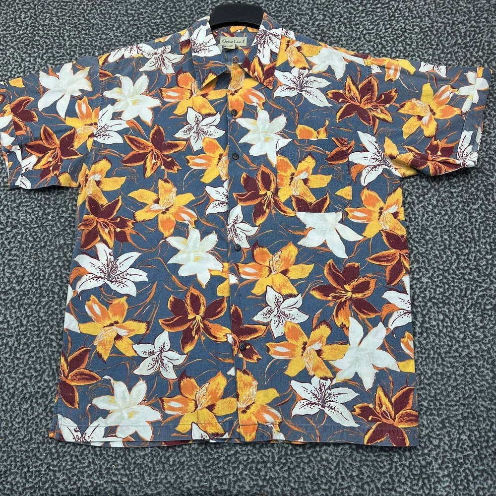 Great Land Shirt Men Large Hawaiian Floral Button Up Short‎ Sleeve Cotton L